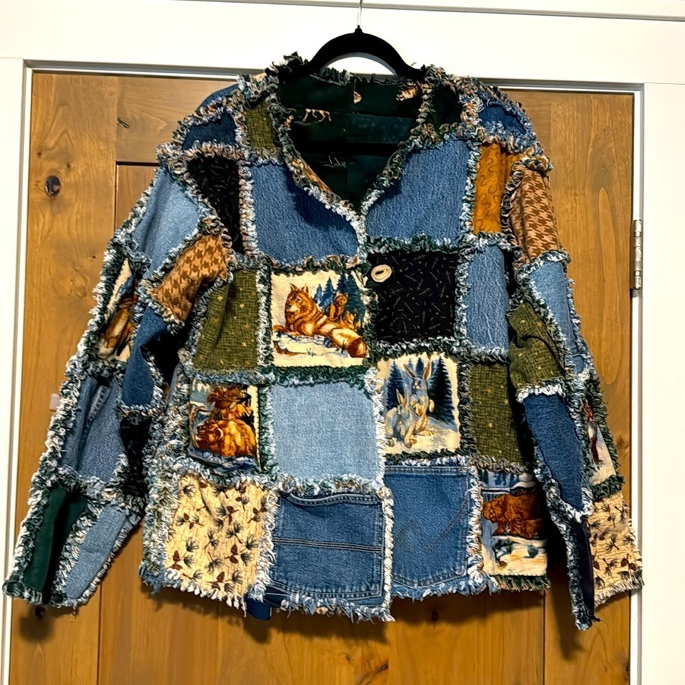 Boho Western Hand Crafted Denim Fringe Patchwork Jacket Coat Womens S-L Quirky - Picture 2 of 16